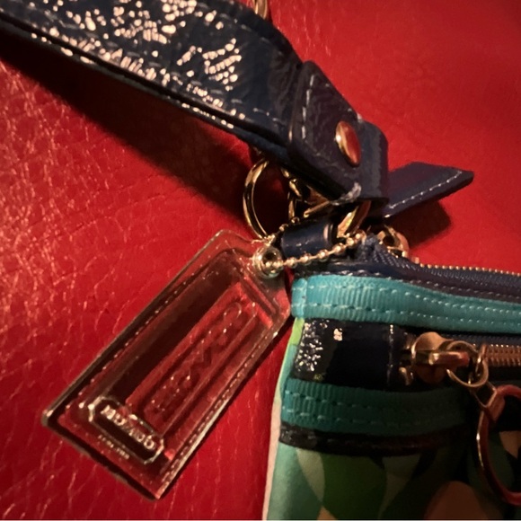 Coach Poppy Blue and Green Patterned Satin Wristlet - Picture 3 of 9